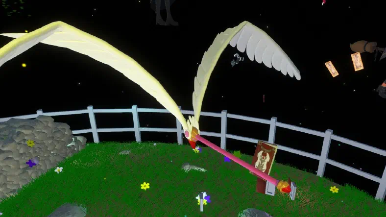 フライのカードで杖に羽が生えて飛行している様子